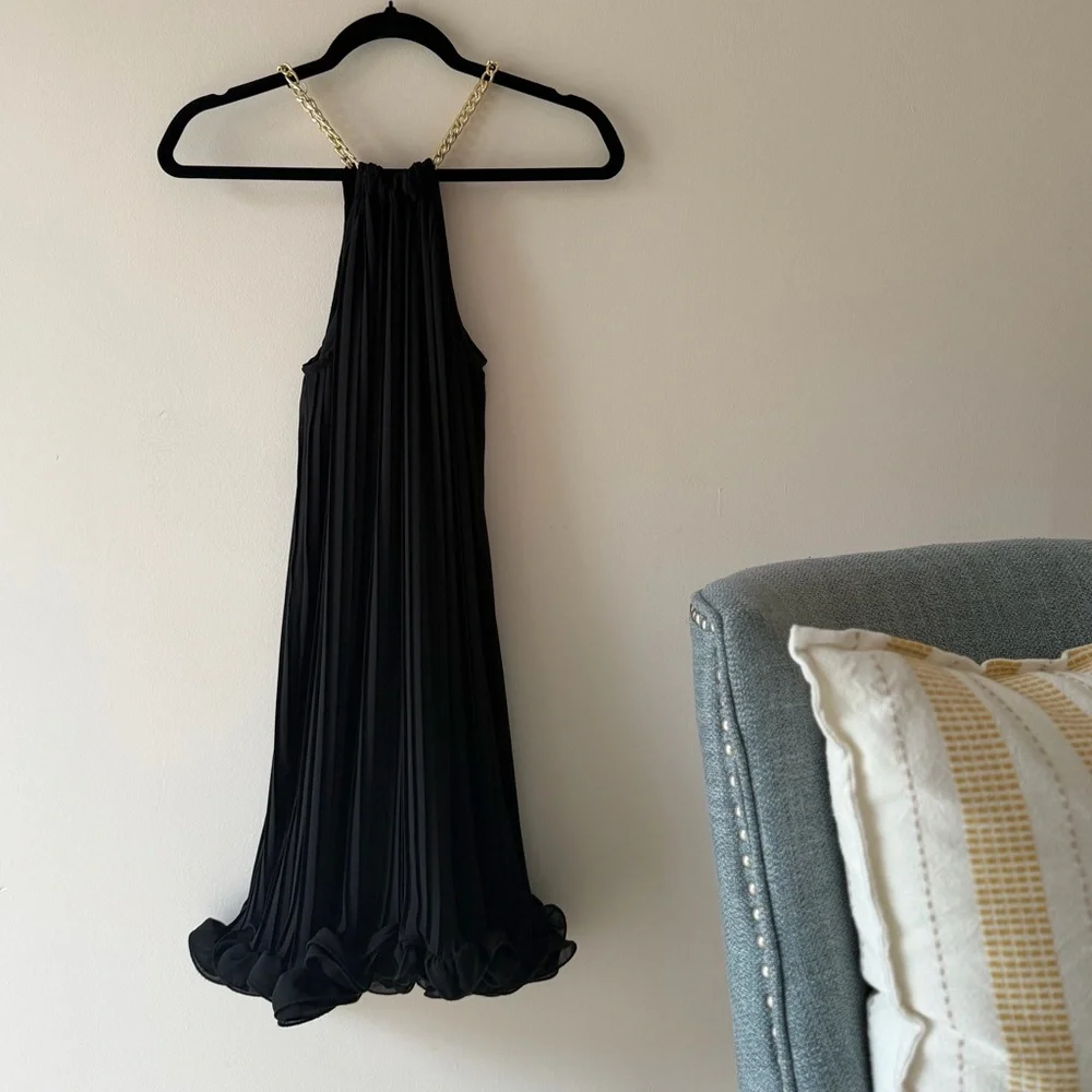 Rinascimento Made in Italy Pleated Gold Chain Halter Ruffled Mini Dress Small - Picture 2 of 5